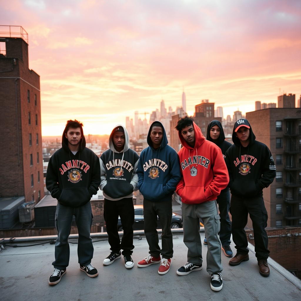 A group of tough-looking youth standing confidently on the rooftop of a building in an uptown ghetto in New York City, captured in the year 1995