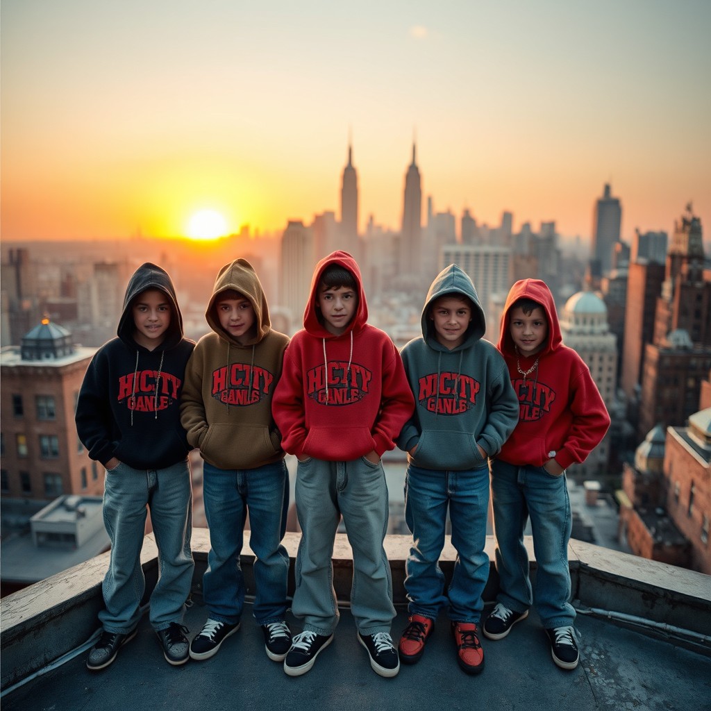 A group of stylish children dressed as young gangsters standing confidently on the rooftop of an uptown ghetto building in New York City in the year 1995