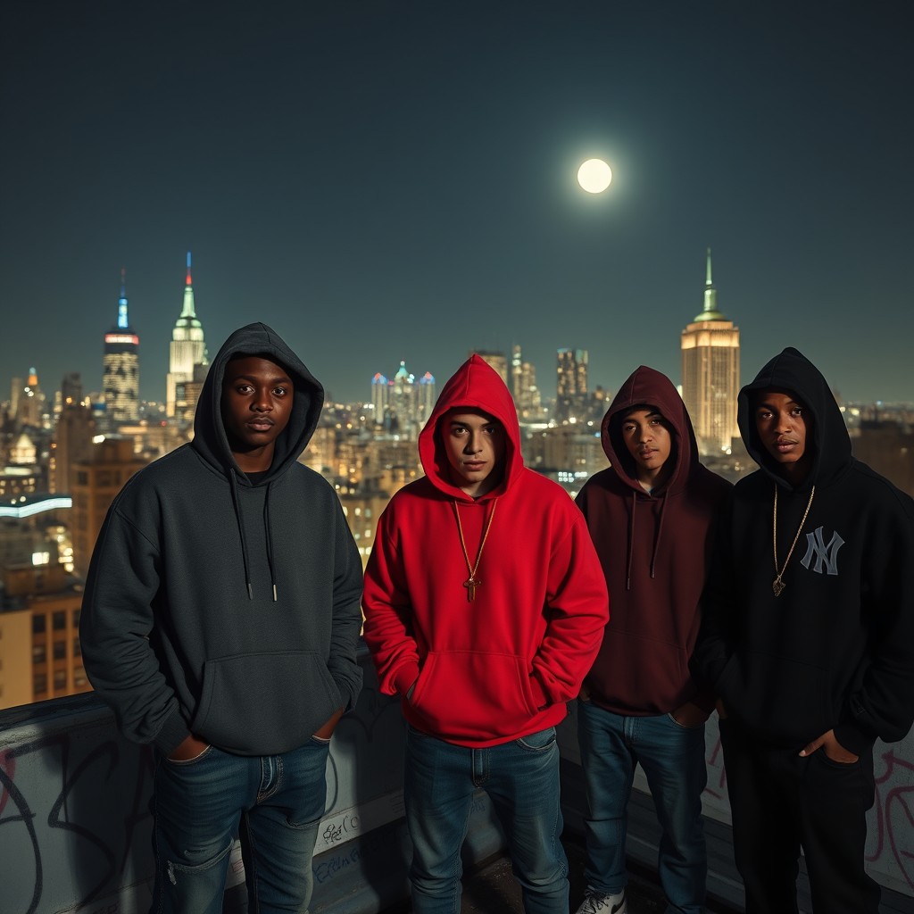 Gangster teenagers standing on the rooftop of an uptown ghetto building in New York City at night, wearing stylish hooded sweaters