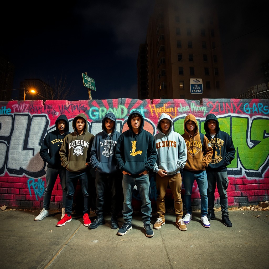 A group of gangster teenagers standing confidently in front of a vibrant wall covered with graffiti, set against the backdrop of an uptown ghetto building in the Bronx at night