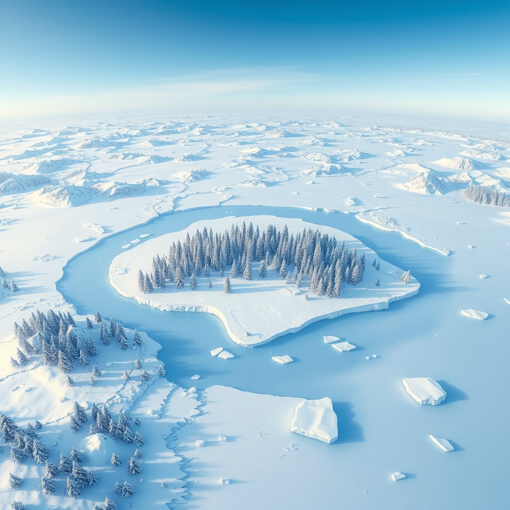 A detailed map featuring a winter forest located in the middle, surrounded by a vast expanse of snow