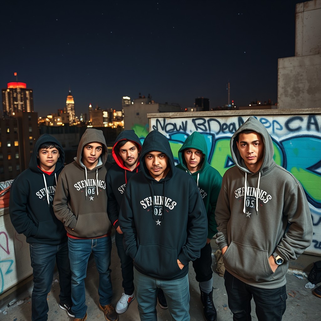 A group of gangster teenagers standing confidently in front of a gritty graffiti-covered wall on a rooftop of a building in the uptown Bronx at night