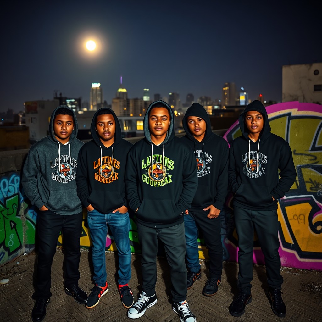 A group of Dominican gangster teenagers standing confidently in front of a vivid wall covered in colorful graffiti