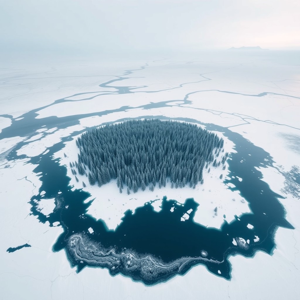 A highly detailed map of the North Pole featuring a vast winter forest in the center, surrounded by a landscape blanketed in snow