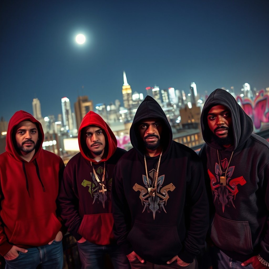 A group of dangerous gangster men standing confidently in front of a vibrant graffiti-covered wall on a rooftop building in the uptown Bronx at night