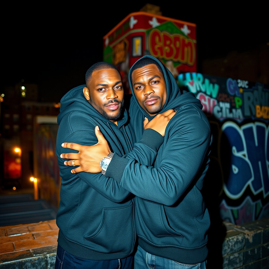 Two dangerous-looking gangster men hugging each other in a supportive gesture, standing in front of a vibrant wall adorned with graffiti art on a rooftop building