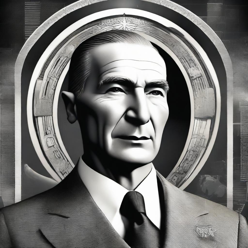 A dignified portrait of Mustafa Kemal Atatürk with a futuristic backdrop representing the year 2023, showcasing advancements in technology and society. Please ensure it depicts peace, progress and respect.