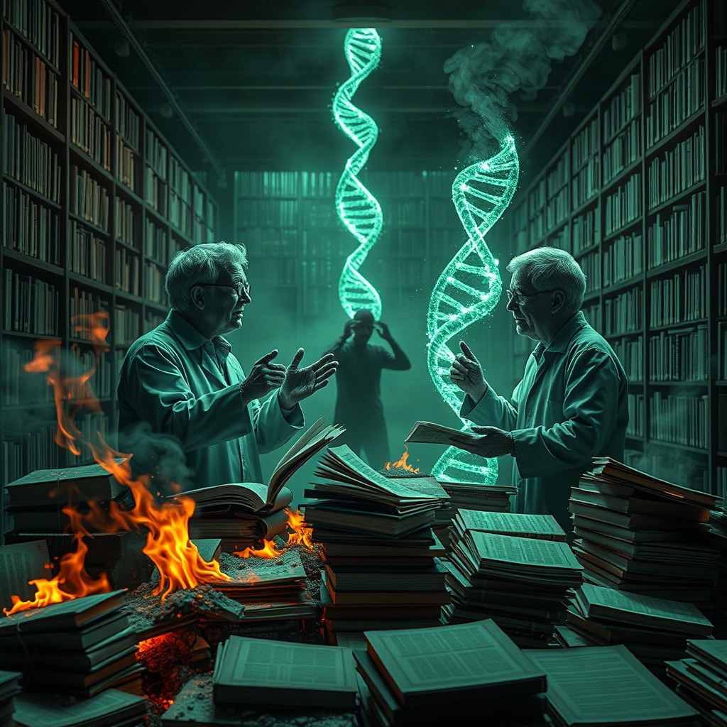 A dystopian library scene filled with chaos and decay