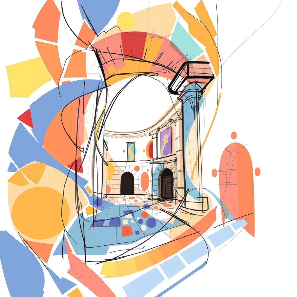 An abstract digital sketch inspired by Roman mosaic patterns, filled with vibrant colors and intricate designs