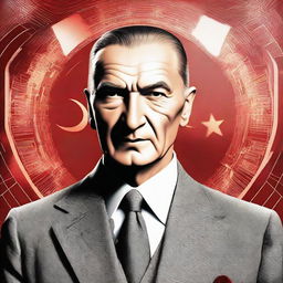 A dignified portrait of Mustafa Kemal Atatürk with a futuristic backdrop representing the year 2023, showcasing advancements in technology and society. Please ensure it depicts peace, progress and respect.