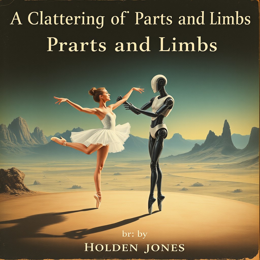 A vintage science fiction styled book cover depicting a post-apocalyptic game show scene featuring a human ballet dancer gracefully performing alongside a sleek android ballet dancer that mimics the human's movements