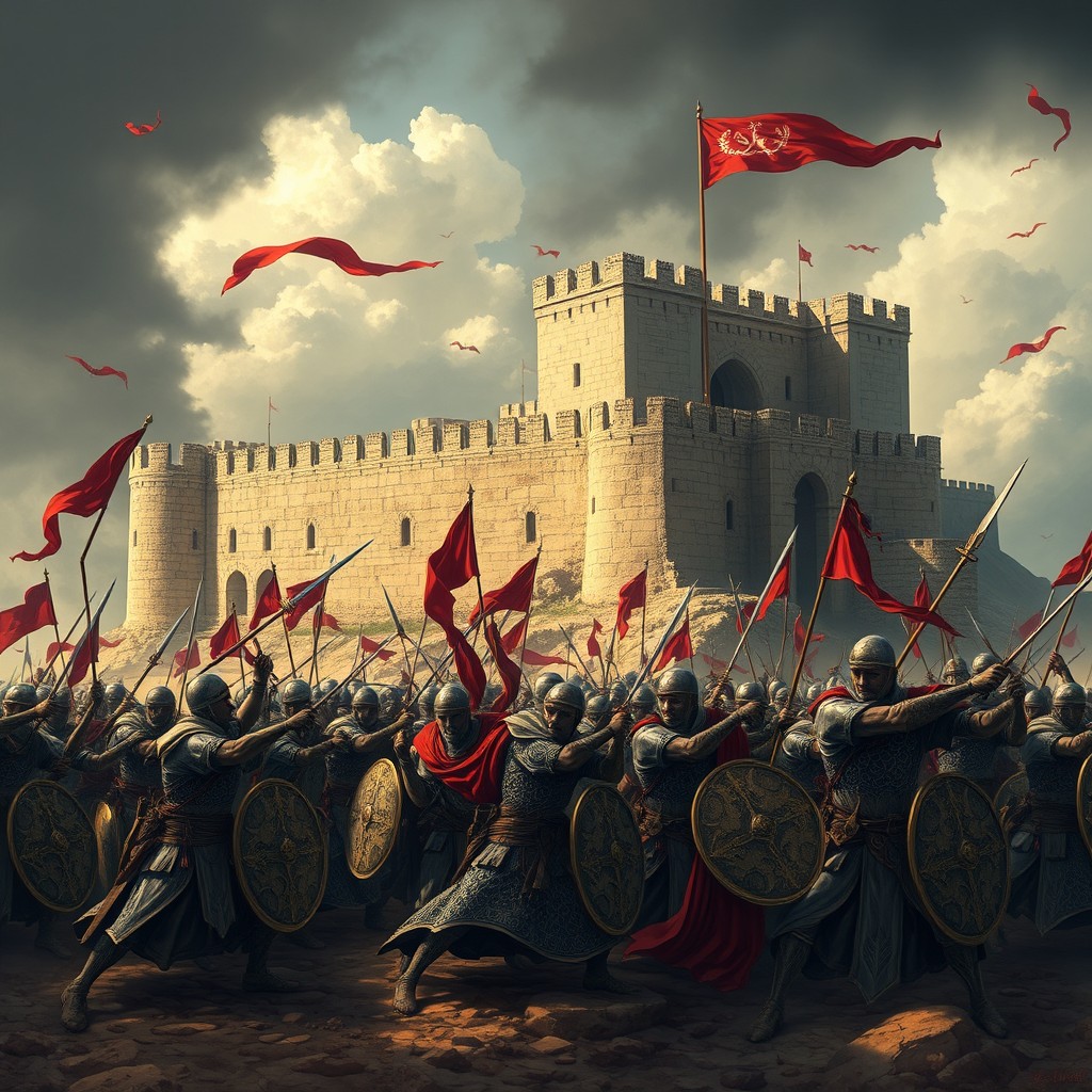An intense historical scene illustrating a Muslim army attacking a fortified enemy stronghold located by the southern Persian Gulf