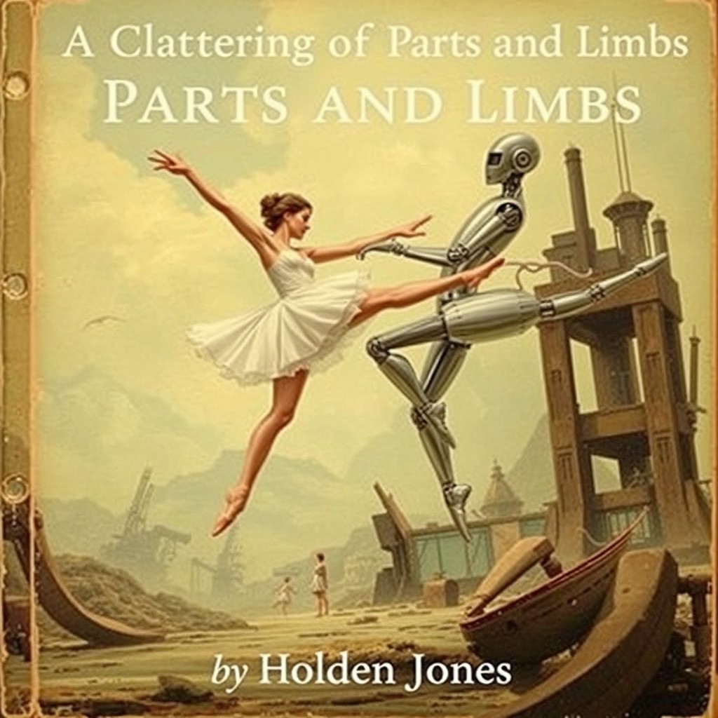 In a vintage science fiction style book cover, depict a human ballet dancer gracefully performing a leaping ballet move, soaring through the air with elegance