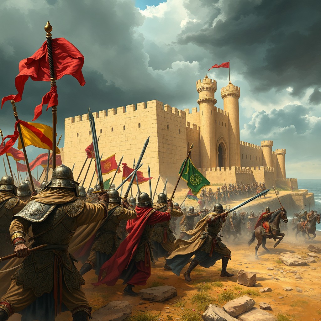 A dramatic historical illustration of a Muslim army attacking an Arab non-believers' fortress located by the southern Persian Gulf