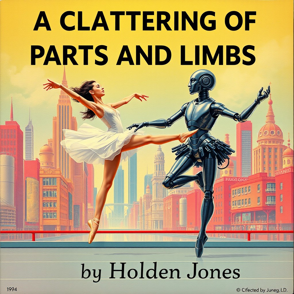 In a vintage science fiction style book cover, depict a human ballet dancer elegantly performing a leaping ballet move, showcasing her grace and poise