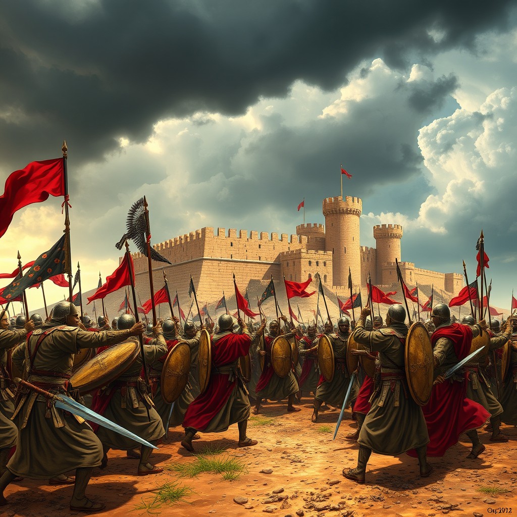 A powerful historical scene depicting an Arab Muslim army launching an attack on the fortress of non-believers located by the southern Persian Gulf