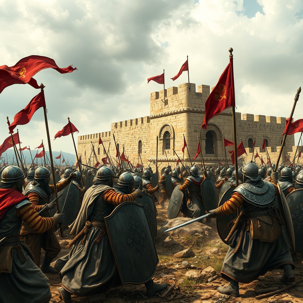 A vivid historical depiction of an Arab Muslim army launching an attack on a typical enemy fortress located by the southern Persian Gulf