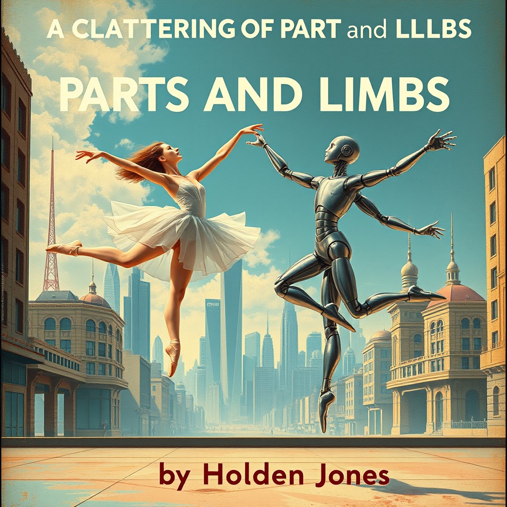 In a vintage science fiction style book cover, illustrate a human ballet dancer executing a graceful leaping ballet move in mid-air, showcasing her elegance and emotion