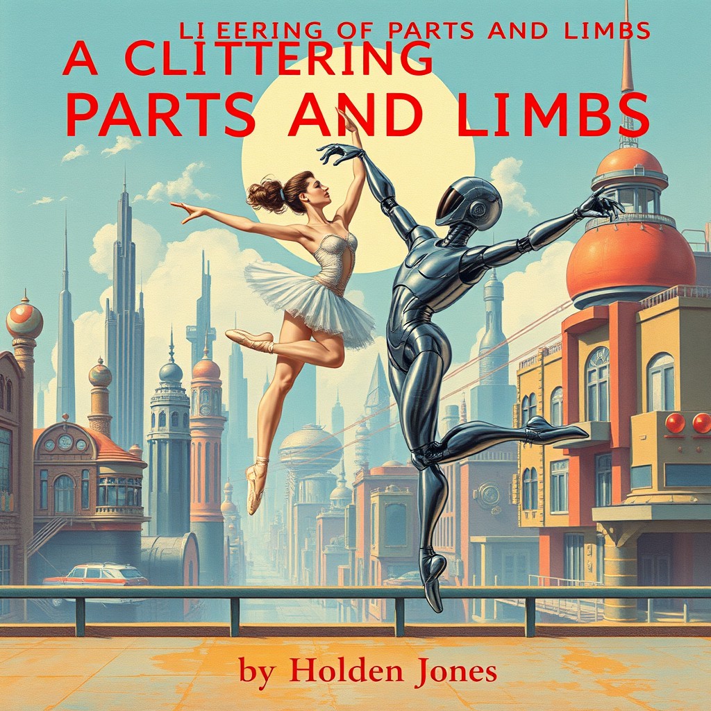 In a vintage science fiction style book cover, illustrate a human ballet dancer executing a beautiful leaping ballet move, capturing her grace and athleticism in mid-air