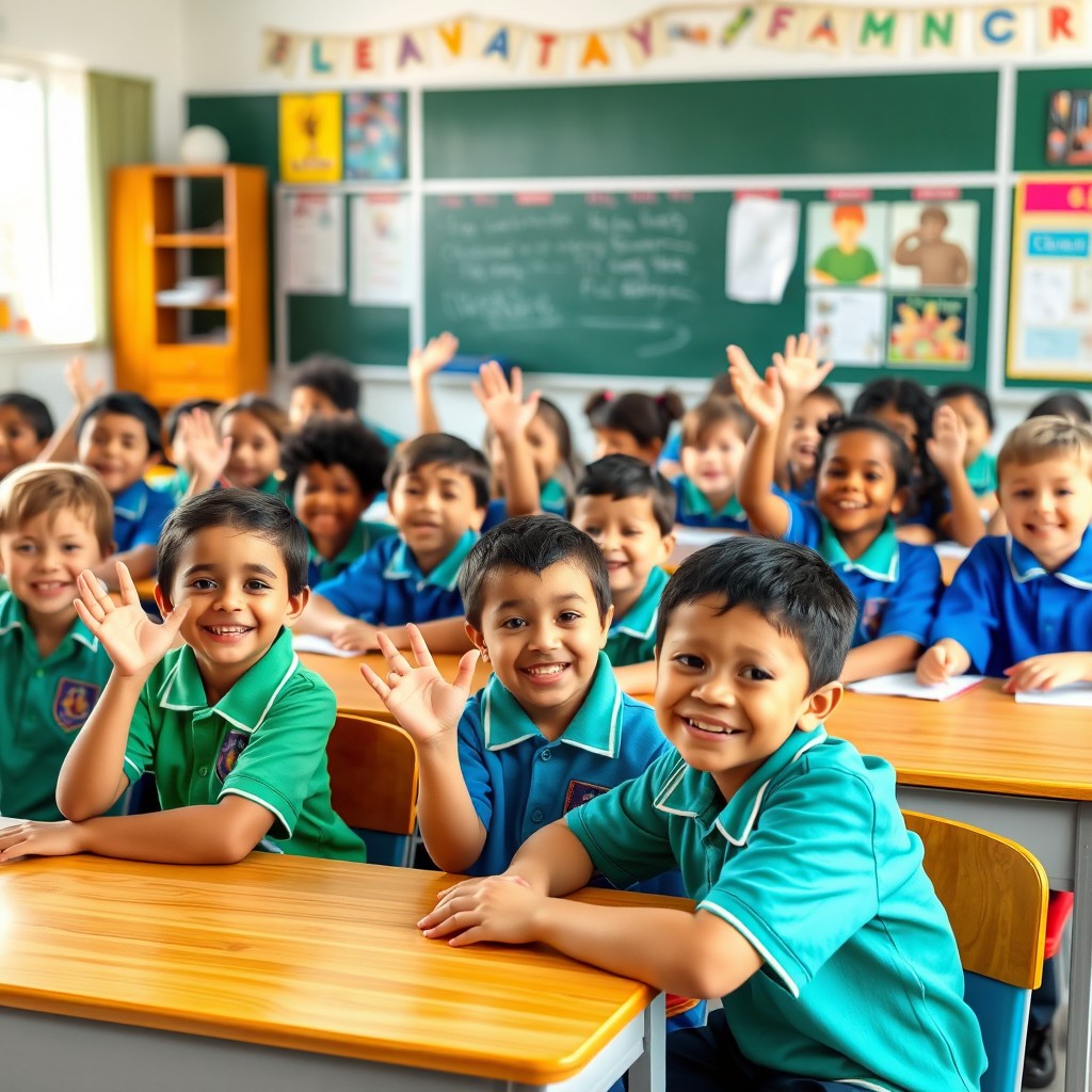 A lively classroom scene featuring cheerful schoolchildren wearing blue and green uniforms, sitting attentively at their desks during a lesson