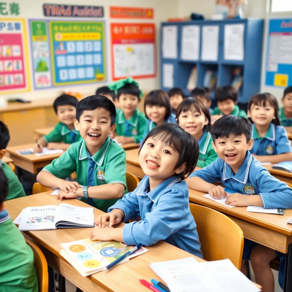 A lively classroom scene featuring Asian schoolchildren wearing blue and green school uniforms
