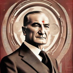 A dignified portrait of Mustafa Kemal Atatürk with a futuristic backdrop representing the year 2023, showcasing advancements in technology and society. Please ensure it depicts peace, progress and respect.