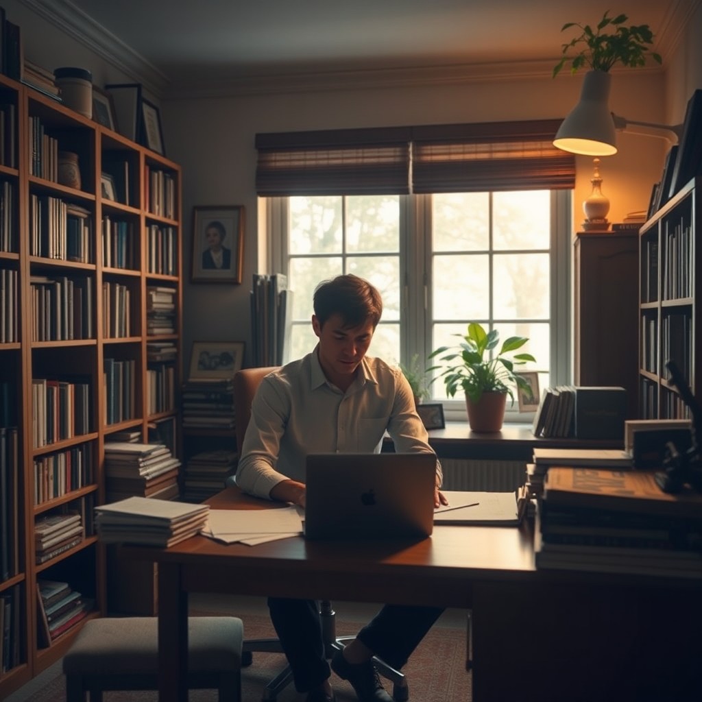 A humble person sitting at his desk in a cozy office, surrounded by bookshelves filled with books and personal mementos