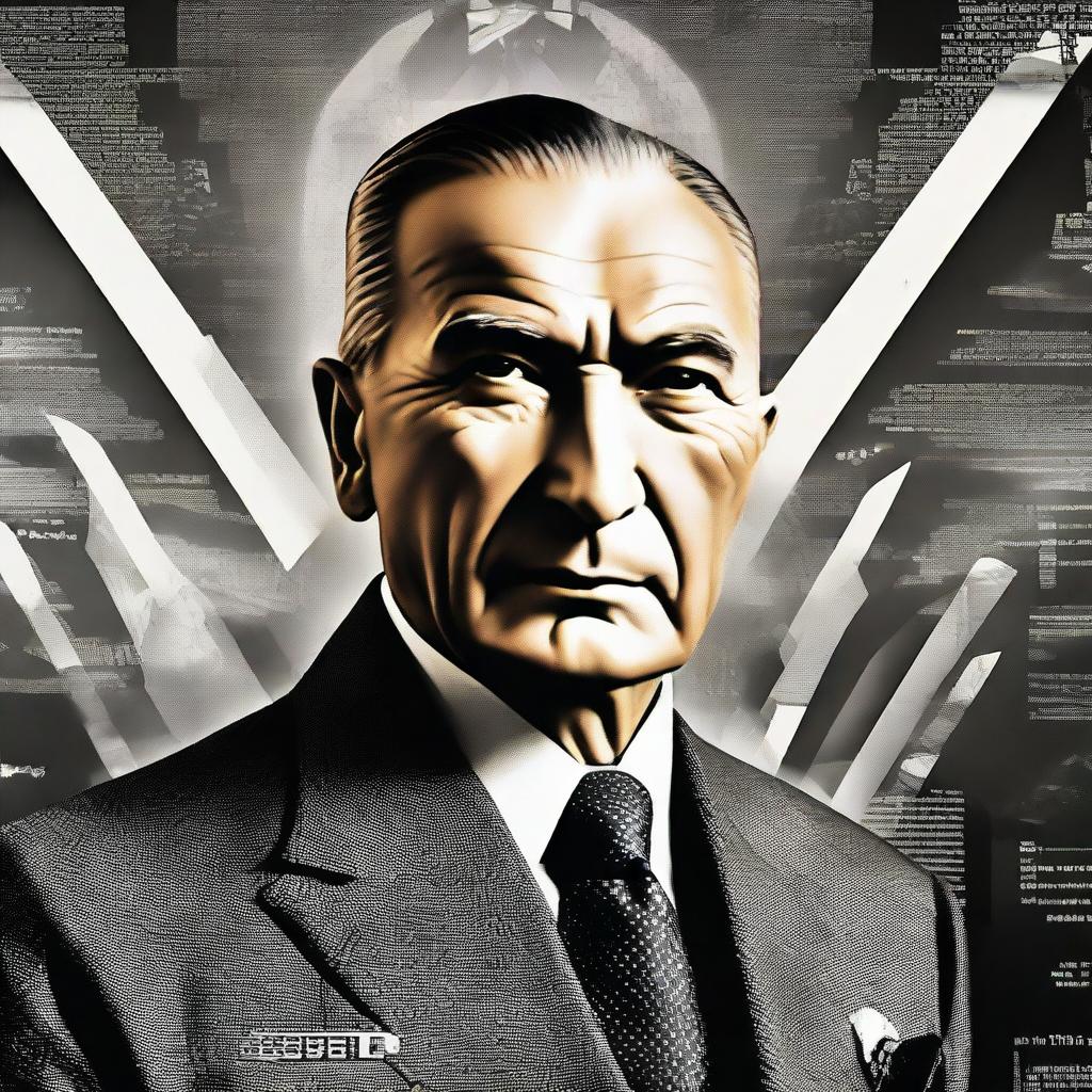 A dignified portrait of Mustafa Kemal Atatürk with a futuristic backdrop representing the year 2023, showcasing advancements in technology and society. Please ensure it depicts peace, progress and respect.