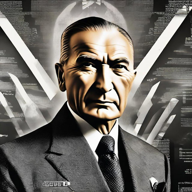 A dignified portrait of Mustafa Kemal Atatürk with a futuristic backdrop representing the year 2023, showcasing advancements in technology and society. Please ensure it depicts peace, progress and respect.