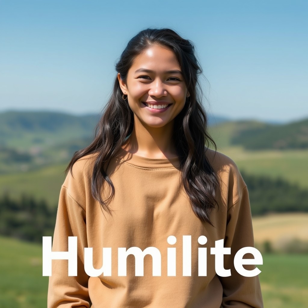 A humble person depicted in a tranquil outdoor setting, wearing simple, earthy-toned clothing