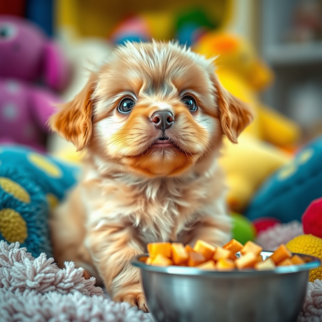 A cute puppy looking up with big, pleading eyes, its tiny mouth slightly open as if whining or crying