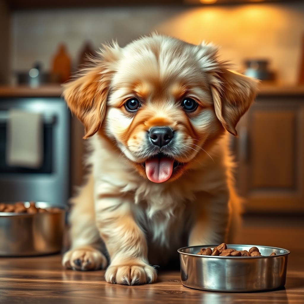 A cute baby dog, resembling a fluffy golden retriever puppy, sitting with sad eyes and an open mouth, looking adorably hungry
