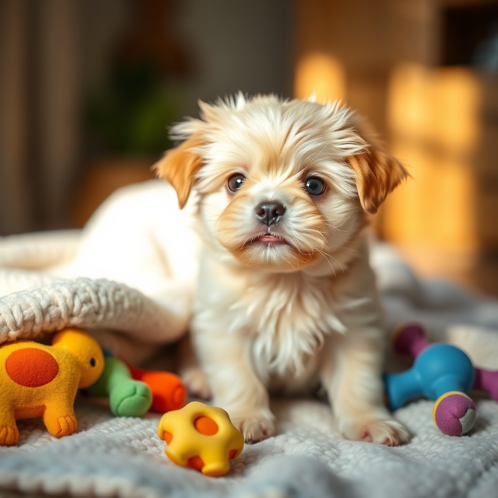 A heartwarming scene of a baby dog, a small fluffy puppy with big expressive eyes, sitting on a cozy blanket