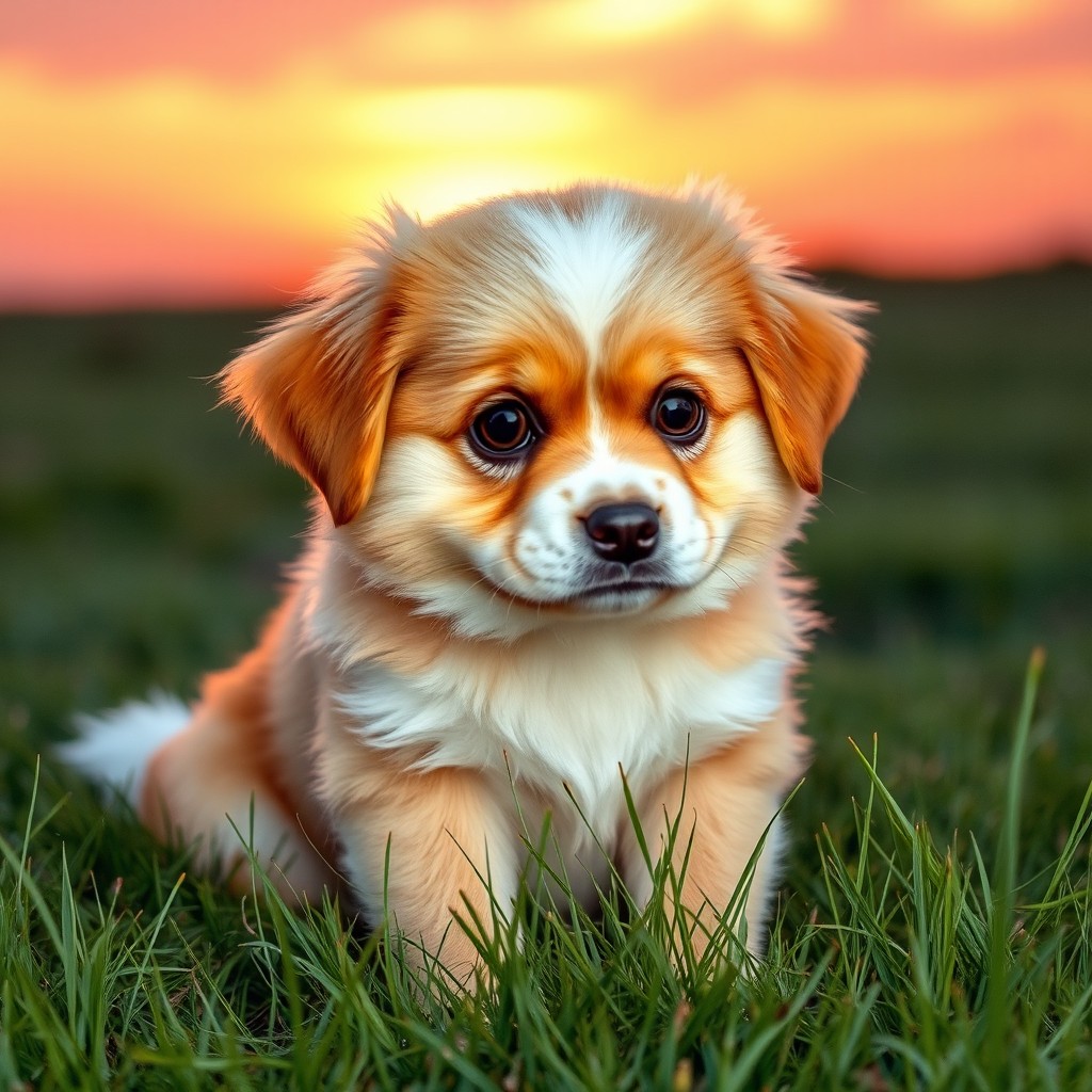 A heartwarming scene of a sad dog sitting on a grassy field, with big, expressive eyes that shimmer with tears