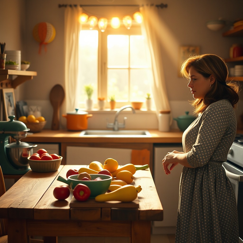 A cozy, warm kitchen setting where a sound of a baby crying is faintly heard