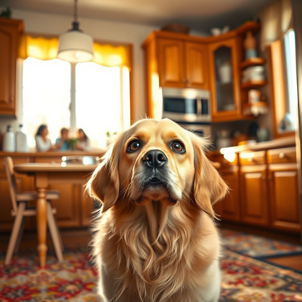 A heartwarming scene in a cozy kitchen where a cute dog is looking up with big, expressive eyes, as if crying softly