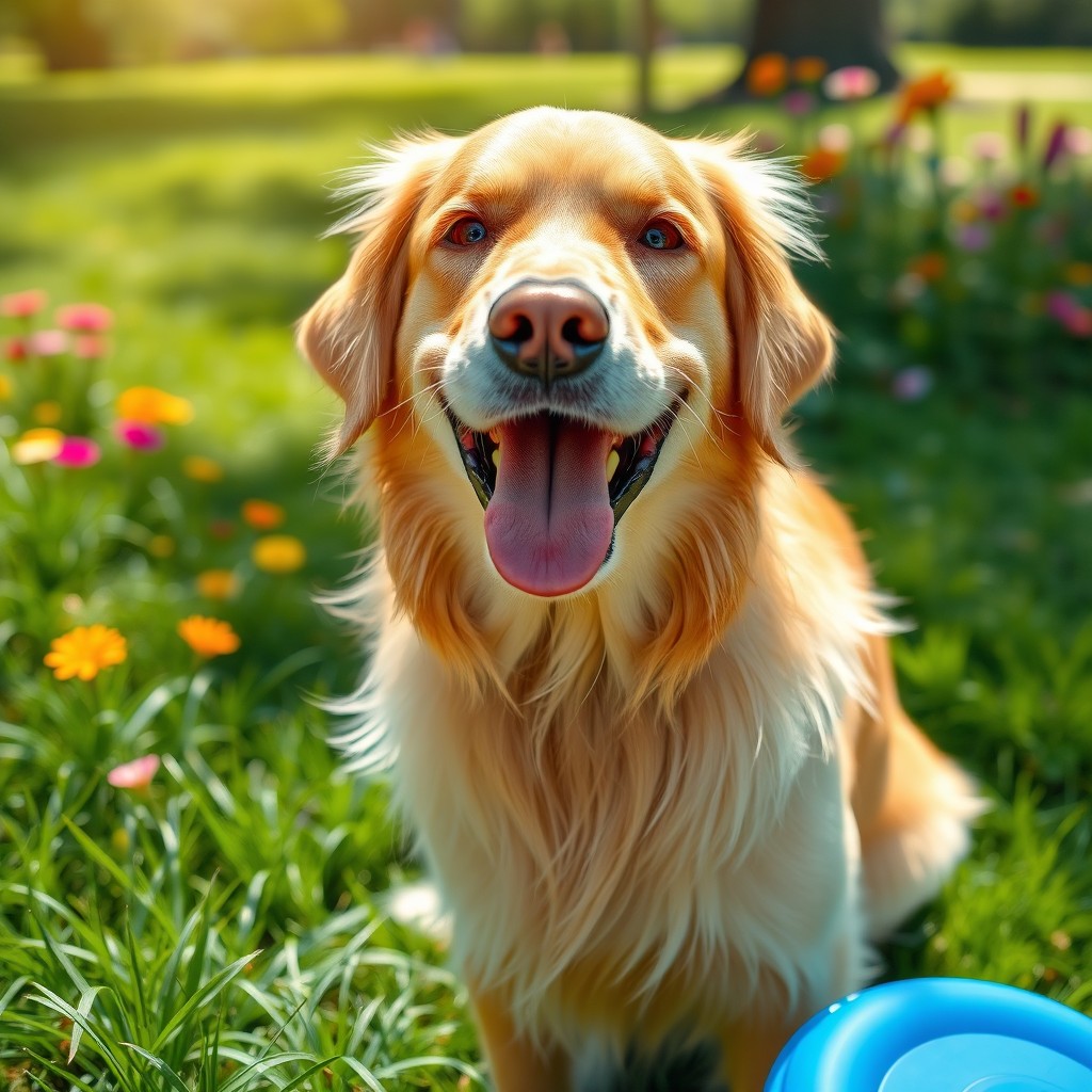 A playful scene featuring a dog with a joyful expression, mouth open in a smile, as if it's laughing