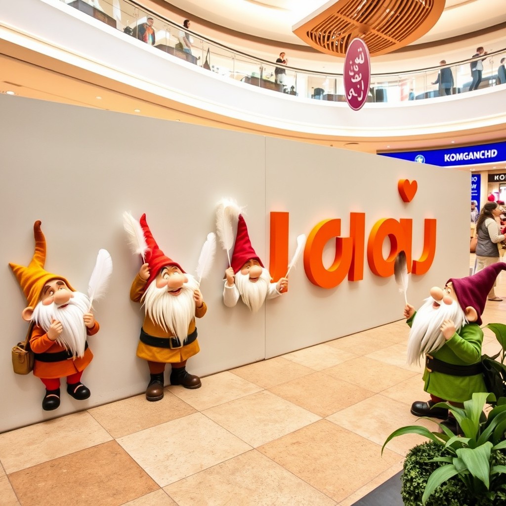 A whimsical and imaginative scene featuring a group of dwarfs, each with unique characteristics and colorful clothing, wearing small hats and beards