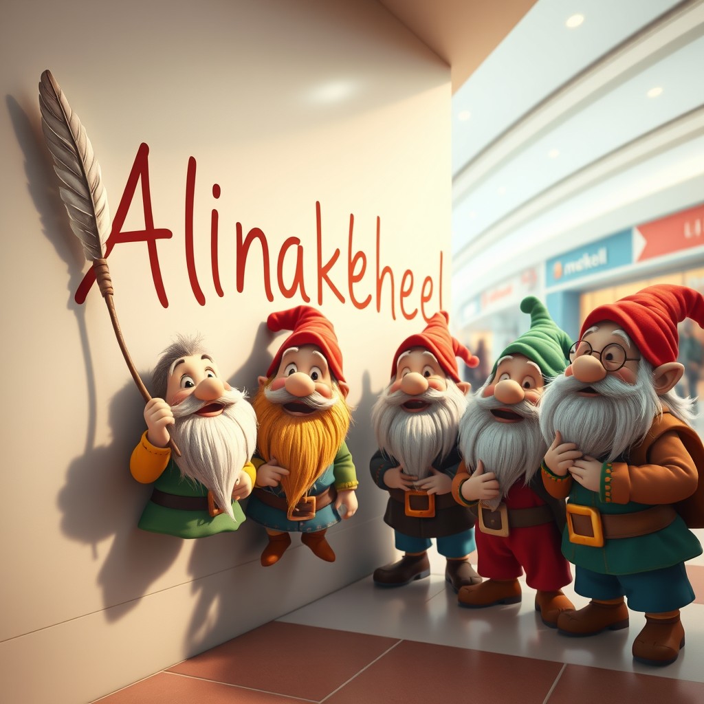 A whimsical and creative scene featuring a group of cheerful dwarves, each with unique features and colorful clothing, wearing small hats and beards