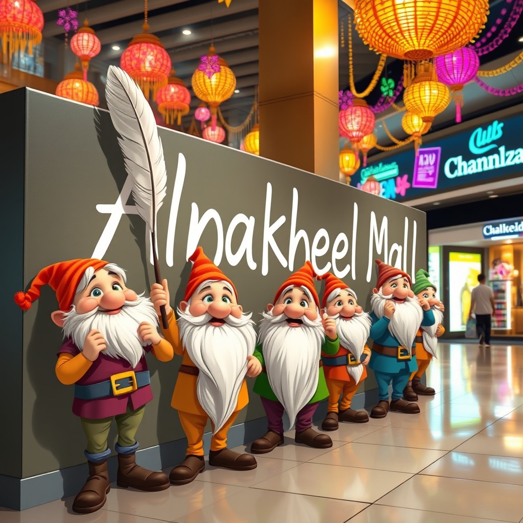 A whimsical scene featuring a group of dwarfs in a fantastical and playful art style