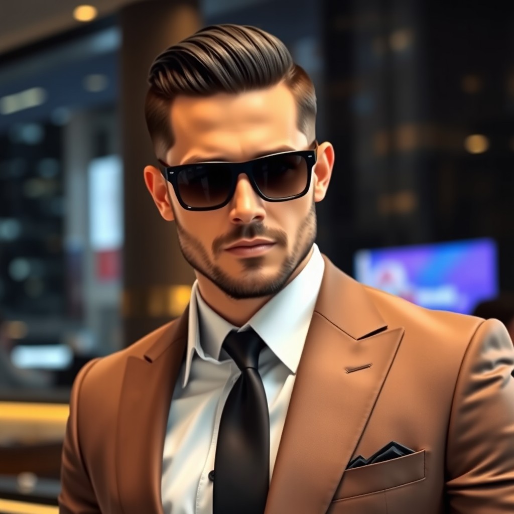 An elegant portrayal of a male figure with short combed black hair and a neatly trimmed short beard