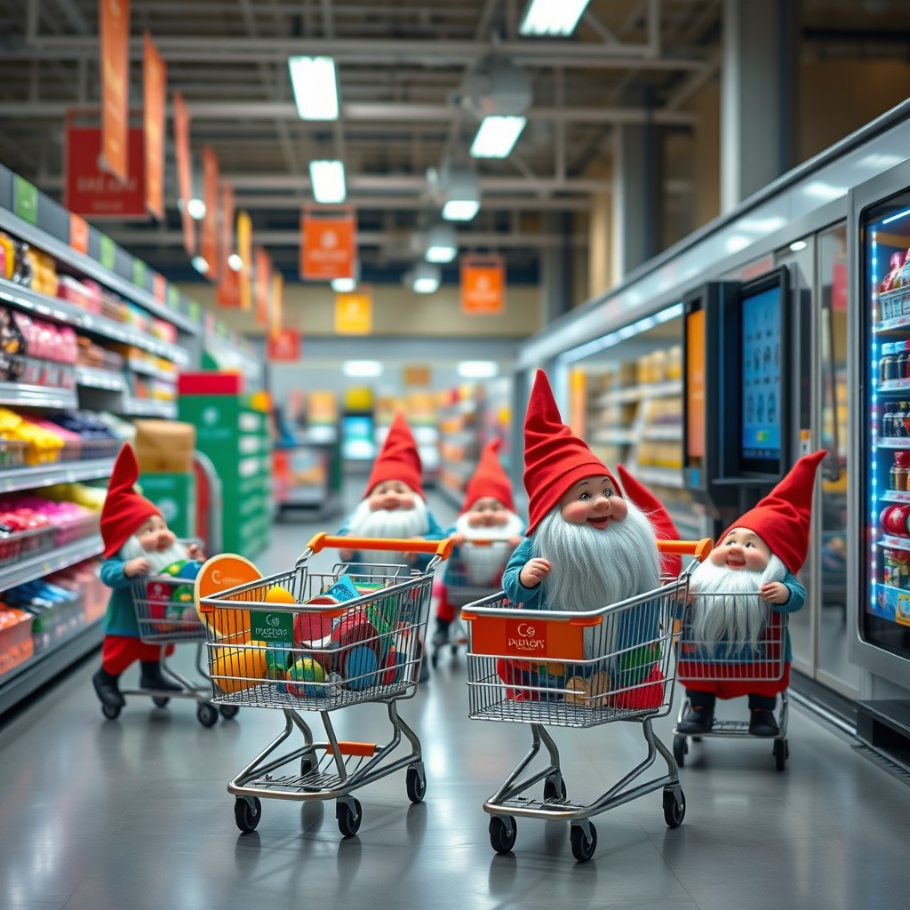 A whimsical scene inside a modern hypermarket featuring a group of small dwarfs wearing colorful traditional clothing and pointed hats