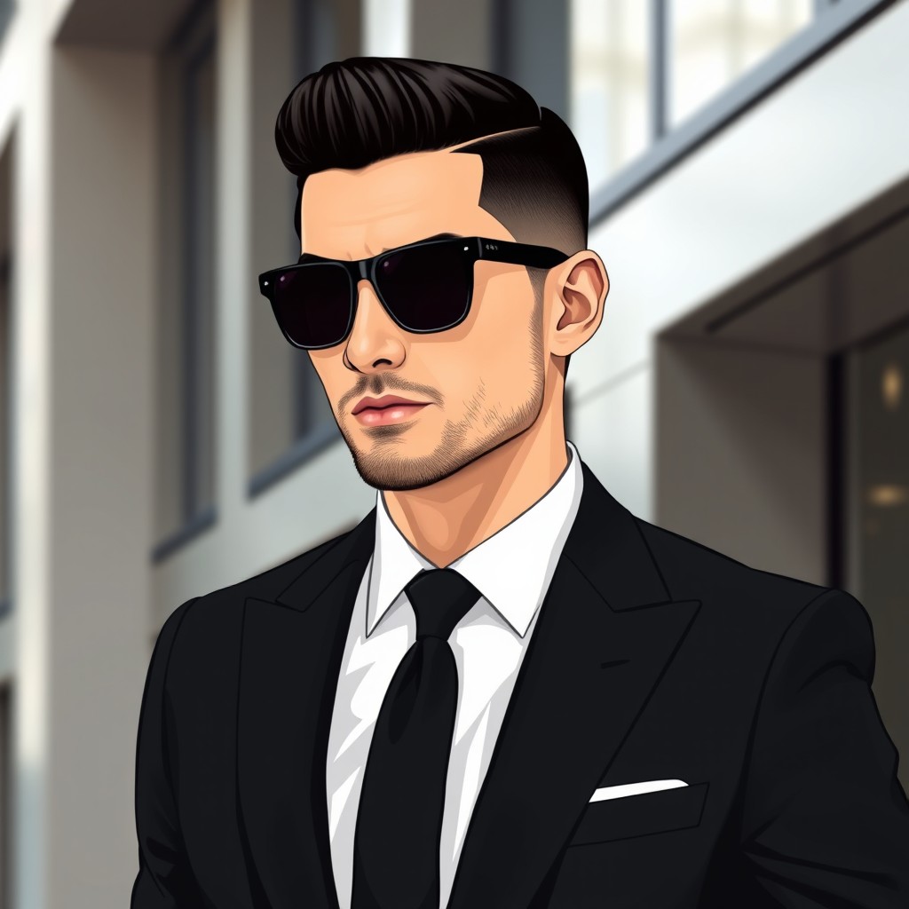 An elegant depiction of a male figure with short combed black hair and a neatly trimmed short beard
