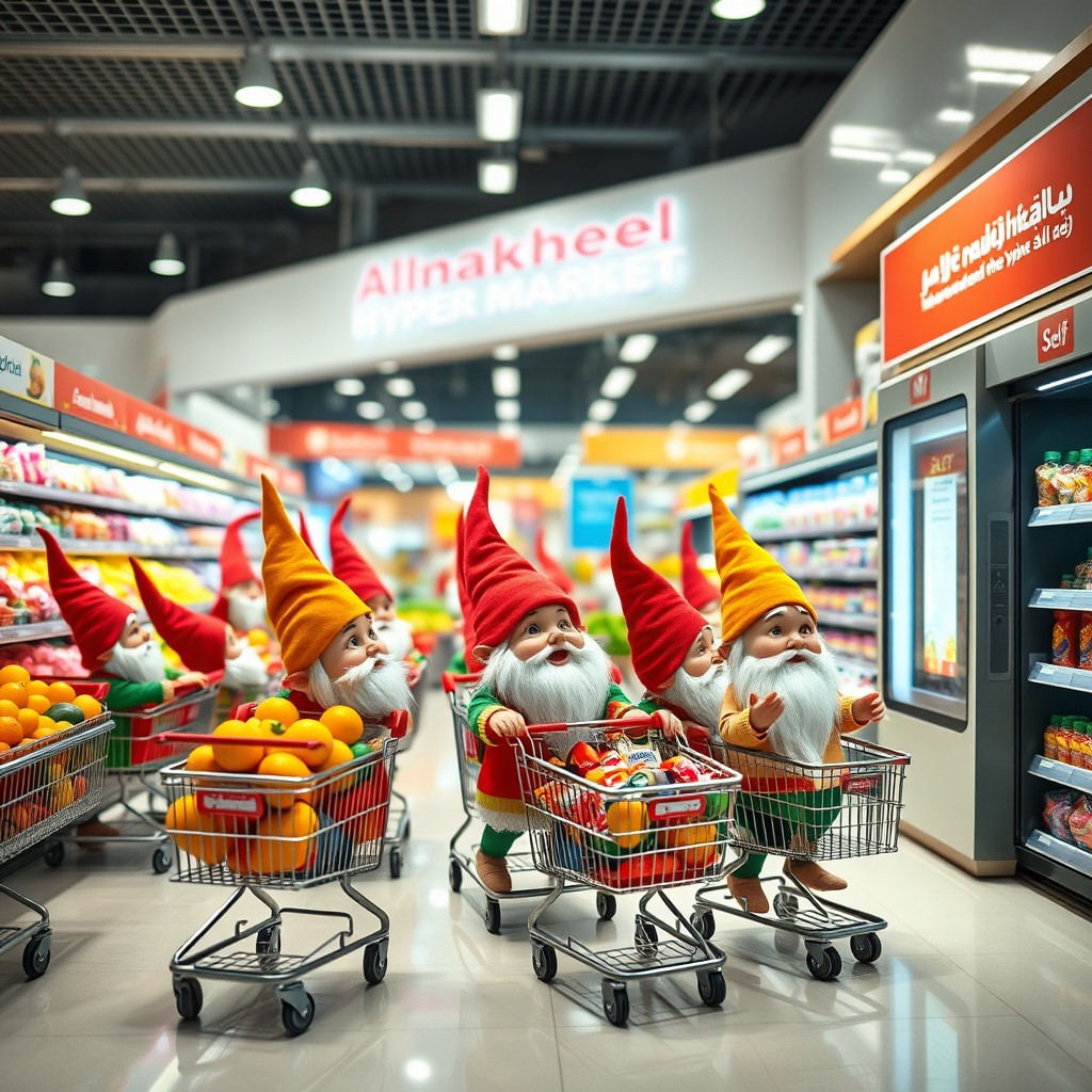 A whimsical scene featuring a group of small gnomes inside a modern hypermarket named Alnakheel Hyper Market