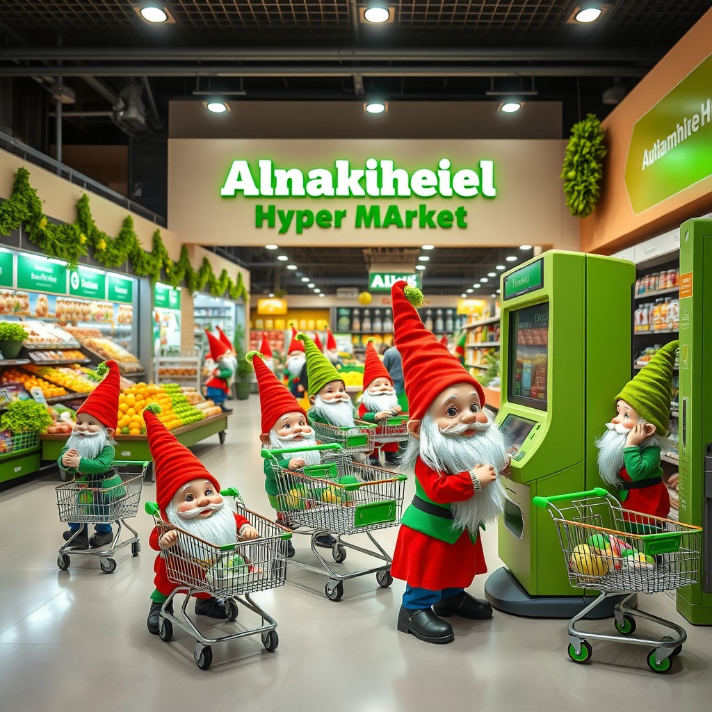 A lively scene featuring a group of small gnomes inside a modern hypermarket named 'Alnakheel Hyper Market' with a bright green sign