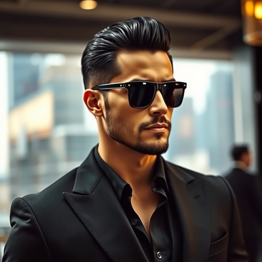 A sophisticated male figure characterized by short combed black hair and a neatly trimmed short beard