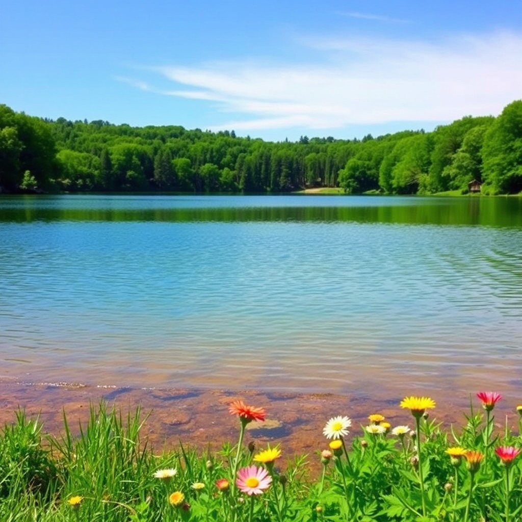 A serene landscape depicting a tranquil lake surrounded by lush green trees and a clear blue sky