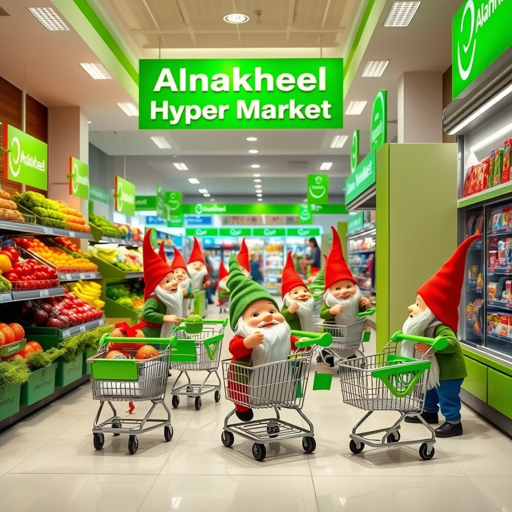 A cheerful scene featuring a group of small gnomes inside a modern hypermarket named 'Alnakheel Hyper Market' with a bright green sign