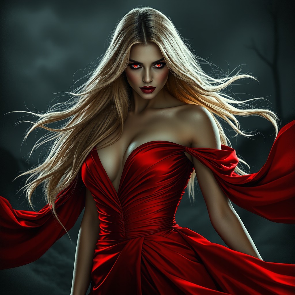 A captivating female figure in a striking red elegant dress that dramatically flows around her, enhancing her powerful presence