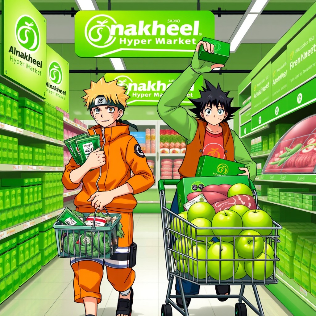 In the image, Naruto and Luffy are strolling inside Alnakheel Hyper Market, where green dominates the decor